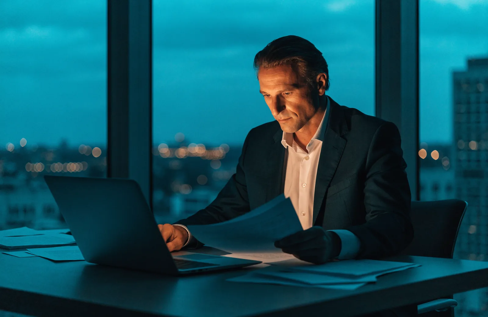 Payments consultant working at a laptop in a dusk-lit office