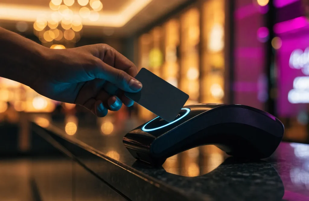Hand tapping a card on a payment terminal with a glowing blue ring
