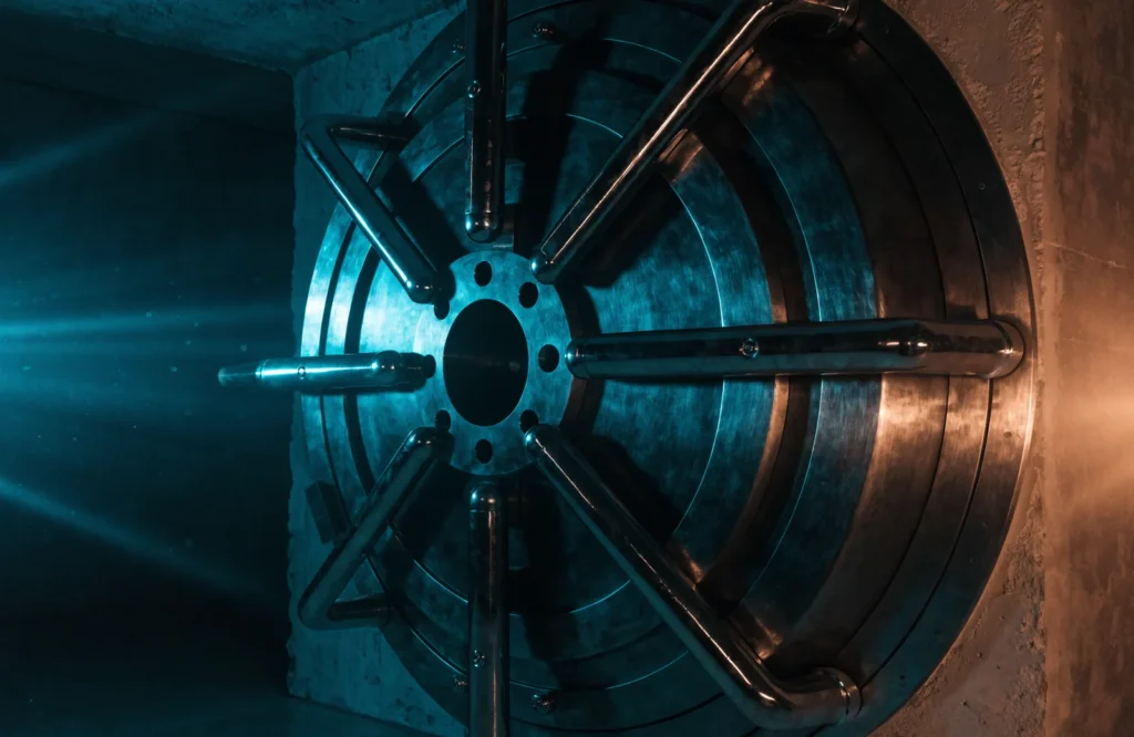 Steel bank vault door lit in teal and amber light